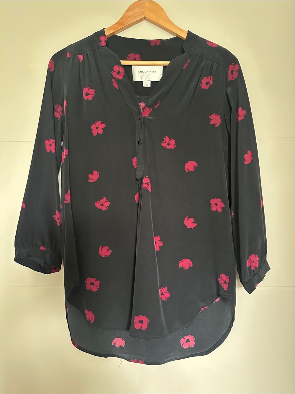 Amour Vert 100% Silk Navy Blouse with Pink Floral Print